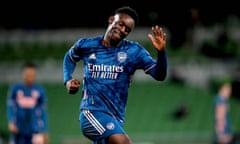 Folarin Balogun celebrates caressing in his second Arsenal goal to set the seal on a sixth win out of six in the Europa League this season.