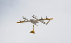 A Wing drone delivery for Guardian Australia arrives in the Canberra suburb of Mitchell