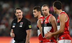 St Kilda coach Ross Lyon encourages his players before their defeat of Carlton in round six.