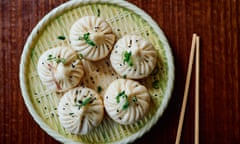 Topview of a plate of five fried pork buns