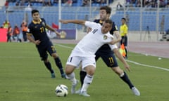 Jordan’s Oday Zahran (C) defends against Australia’s Tommy Oar (R) during the AFC qualifying football match for the 2018 FIFA World Cup between Jordan and Australia on October 8, 2015 at the Amman International Stadium in the Jordanian capital. AFP PHOTO / KHALIL MAZRAAWIKHALIL MAZRAAWI/AFP/Getty Images