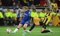 Erin Cuthbert scores her second and Chelsea’s third goal in their 3-1 win at BK Häcken.