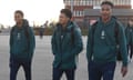 Lino Sousa (left), Ethan Nwaneri (centre) and Reuell Walters board the plane to Eindhoven