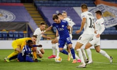 James Maddison (centre) scores Leicester’s first goal from close range.