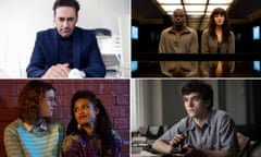 Composite image showing various Black Mirror episodes (clockwise from top left) White Christmas, 15 Million Merits, Bandersnatch, and San Junipero