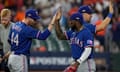 The Texas Rangers celebrate after Game 6 of the AL Championship Series against the Houston Astros