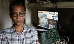 Irving MacArthur High School student Ahmed Mohamed, 14, poses for a photo at his home in Irving, Texas on Tuesday, Sept. 15, 2015. Mohamed was arrested and interrogated by Irving Police officers on Monday after bringing a homemade clock to school. Police don’t believe the device is dangerous, but say it could be mistaken for a fake explosive. He was suspended from school for three days, but he has not been charged. (Vernon Bryant/The Dallas Morning News via AP) MANDATORY CREDIT; MAGS OUT; TV OUT; INTERNET USE BY AP MEMBERS ONLY; NO SALES