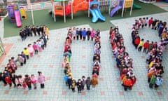 Chinese Prepare For New Year<br>CHANGZHOU, CHINA - DECEMBER 29: Children line up to form characters ‘2019’ during a performance to welcome the new year at a kindergarten on December 29, 2018 in Changzhou, Jiangsu Province of China. (Photo by VCG/VCG via Getty Images)