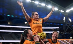 Shannon Parry of the Wallaroos is carried off the field after victory over Fijiana at Allianz Stadium in Sydney.