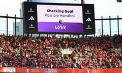 Arsenal’s game against Everton last month is halted for a VAR check.