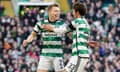 Alistair Johnston celebrates scoring Celtic's first goal against Ross County with Matt O’Riley.