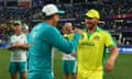 Justin Langer, head coach of Australia and Aaron Finch celebrate after beating New Zealand