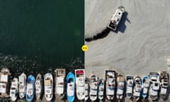Drone photos taken before and after sea-cleaning campaign, launched by Turkey to clean Sea of Marmara from mucilage show the change at sea in Canakkale, Turkey on July 05, 2021. (Photo by Ali Atmaca/Anadolu Agency via Getty Images)