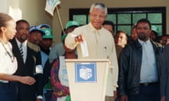 Nelson Mandela casts his vote in South Africa’s first all-race election,  Oshlange, black township near Durban, 27 April 1994.