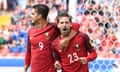 Adrien Silva (right) celebrates with André Silva after scoring an extra-time penalty for Portugal.