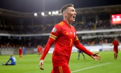 Harry Wilson celebrates scoring Wales’ second goal in Baku.