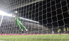 Colombia's goalkeeper David Ospina fails to stop a shot by Argentina's Lionel Messi (out of frame) during their 2018 FIFA World Cup qualifier football match in San Juan, Argentina, on November 15, 2016. / AFP PHOTO / JUAN MABROMATAJUAN MABROMATA/AFP/Getty Images