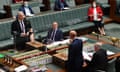 Shadow Minister for Industrial Relations Tony Burke, Leader of the Opposition Anthony Albanese, Minister for Defence Peter Dutton and Prime Minister Scott Morrison during Question Time in the House of Representatives at Parliament House in Canberra, Tuesday, February 15, 2022. (AAP Image/Mick Tsikas) NO ARCHIVING