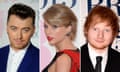 Sam Smith, Taylor Swift and Ed Sheeran at the Brit Awards 2015