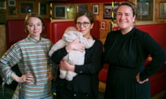 ‘Nobody warned me it was normal to feel as overwhelmed as I did’ ... Morgan Lloyd Malcolm pictured with Francesca Moody (far left) and Abigail Graham (centre with her baby).