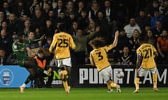 Mustapha Bundu fires a shot past three Leicester players to give Plymouth the lead