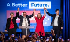 Anthony Albanese receives the adulation from the party faithful at Canterbury Hurlstone Park RSL club on election night with Penny Wong, Jodie Haydon and his son, Nathan Albanese.