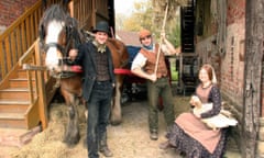 From left to right, Clumper the horse, Alex Langlands, Peter Ginn and Ruth Goodman in the BBC’s Victorian Farm.