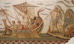 Mosaic scene from Homer's Odyssey, Ulysses meeting with sirens in The Bardo museum in Tunis, capital of Tunisia.<br>A1WWAY Mosaic scene from Homer's Odyssey, Ulysses meeting with sirens in The Bardo museum in Tunis, capital of Tunisia.