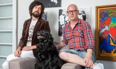 Under One Roof<br>For Guardian Weekend Magazine. Under One Roof. Pictured are housemates Richard Sparkes(right) and Craig Monk with their dog Nigel at home in Loughborough. Richard and Craig are both ex alcoholics. Photo by Fabio De Paola