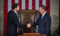 Paul Ryan elected House Speaker<br>epa05002243 Incoming Republican Speaker of the House from Wisconsin Paul Ryan (L) shakes hands with outgoing Republican Speaker of the House from Ohio John Boehner (R), after members elected Ryan to the position on the floor of the House of Representatives in the US Capitol in Washington, DC, USA, 29 October 2015.  EPA/JIM LO SCALZO