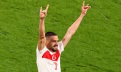 Merih Demiral holds his hands aloft displaying the 'wolf salute' after scoring