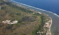 A composite showing one of the asylum seeker detention facilities on Nauru, run by the Australian government. This composite shows two satellite views (top left and right) as well as an aerial photograph (below).