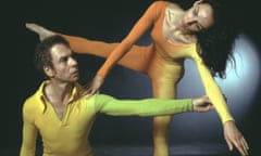 Merce Cunningham and Carolyn Brown rehearsing Second Hand in 1969, wearing costumes by artist Jasper Johns.