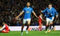 Kemar Roofe celebrates after giving Rangers the lead in extra time.