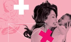 Composite of a woman holding a baby, opposite a sketch of a woman resuscitating someone, against a pink background