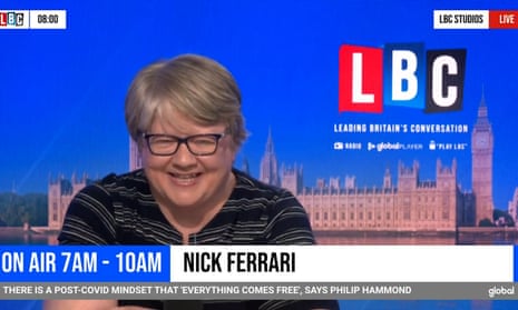 ‘You’re gonna get a bit of Dr Dre’: Thérèse Coffey's alarm goes off during LBC interview – video