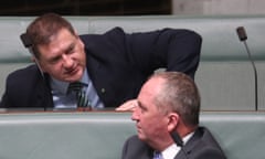 Llew O’Brien and Barnaby Joyce during question time in the house of representatives in Parliament House Canberra this afternoon. Monday 10th February 2020. Photograph by Mike Bowers. Guardian Australia.