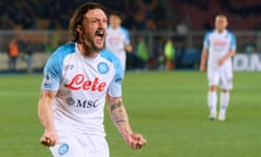 Napoli’s Mario Rui celebrates an own goal by Lecce’s Antonino Gallo