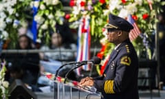 David Brown<br>Dallas Police Chief David Brown speaks during a funeral service for Dallas Police officer Patrick Zamarripa on Saturday, July 16, 2016, at Wilkerson-Greines Athletic Center in Fort Worth, Texas. Zamarripa was one of the five officers killed July 7 by a lone gunman during a march to protest recent fatal shootings of black men in Minnesota and Louisiana by police. (Ashley Landis /The Dallas Morning News via AP, Pool)