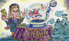 Cartoon of Mark Carney gazing into a crystal ball in which a British shopper can be dimly seen