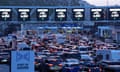 Queues of cars in morning light at the Port of Dover