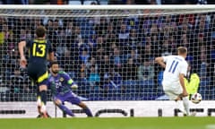 Oliver Antman scores Finland’s second goal from the penalty spot during their friendly against Scotland.