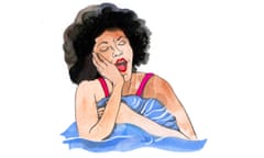 Illustration of a woman with a blue duvet wrapped around her, yawning, against a white background