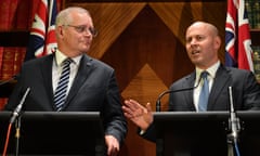 Prime minister Scott Morrison and treasurer Josh Frydenberg at a press conference on Day 23 of the 2022 federal election campaign, in Treasury Place in Melbourne.