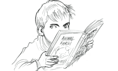 Chris Riddell closeup illustration of boy reading, taken from essay on libraries in Art Matters