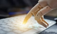 A glowing robot finger points to a key on a keyboard