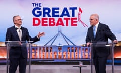 Scott Morrison And Anthony Albanese Take Part In Second Leaders' Debate Ahead Of Federal Election<br>SYDNEY, AUSTRALIA - MAY 08: (L-R) Australian opposition leader Anthony Albanese and Australian Prime Minister Scott Morrison debate on live television ahead of the federal election, during the second leaders' debate of the 2022 federal election campaign, at the Nine studio on May 8, 2022 in Sydney, Australia. The Australian federal election will be held on Saturday 21 May with Liberal leader Scott Morrison looking to secure a fourth term in power for the Coalition against Labor and opposition leader Anthony Albanese. (Photo by James Brickwood - Pool/Getty Images)