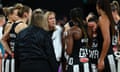 Collingwood Magpies head coach Nicole Richardson speaks to her players during the weekend’s game against Giants Netball.