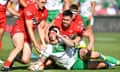 Ireland’s Oliver Roberts scores a try during the 34-6 won against Wales in their Rugby League World Cup Pool C match in Perth