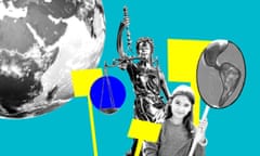 Composite image of a child protesting, a statue of justice, and the globe